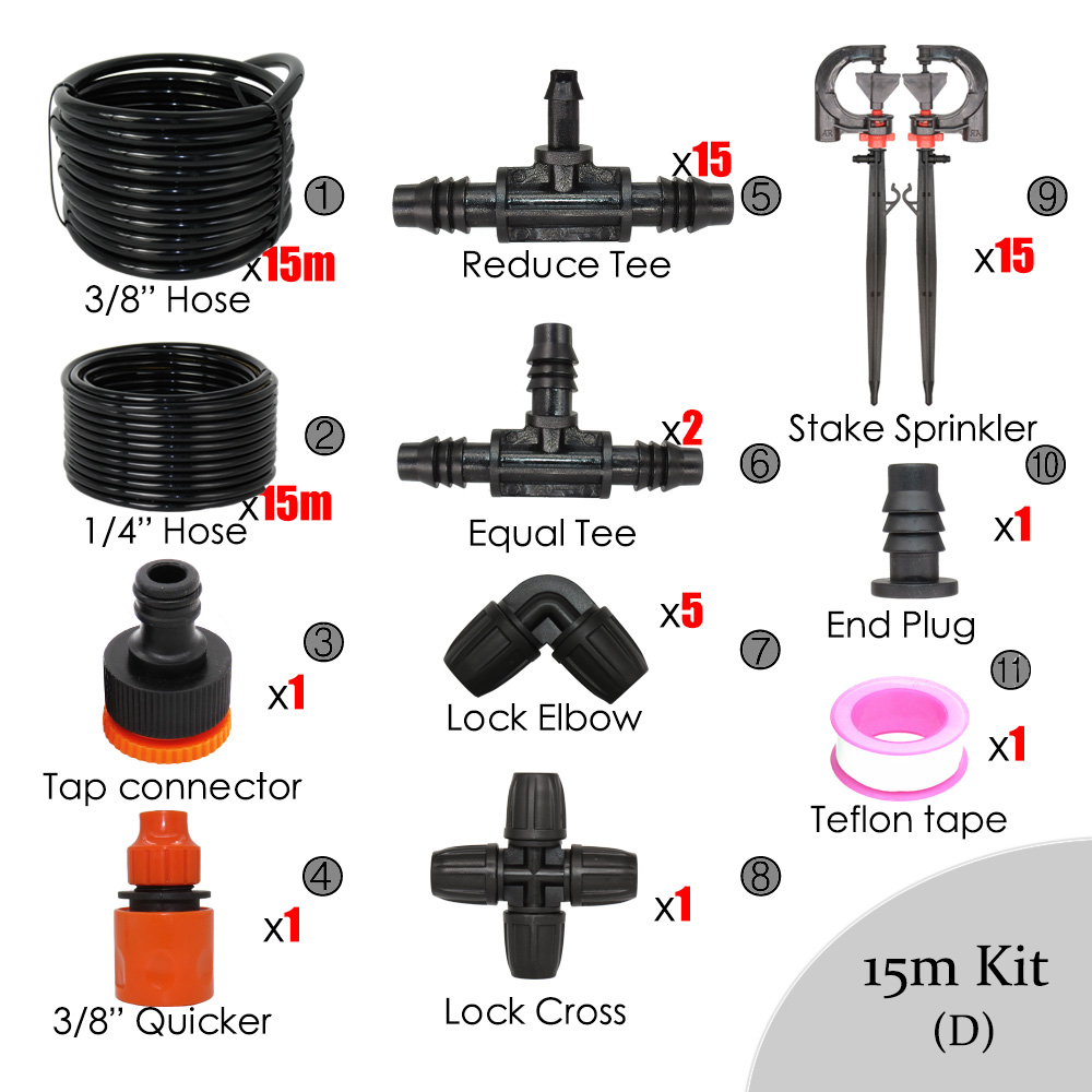 24M2 - 160M2 Area Garden Irrigation Spray Kits Lawn Courtyard Watering System 360 Degrees Rotating Sprinklers Uniform Spray: 15M Kits