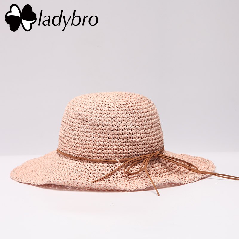 Ladybro Brand Ladies Sun Hat For Women Bowknot Raffia Straw Hat Foldable Summer Hat Wide Brim Beach Hat Female Chapeau Femme: 005 light pink
