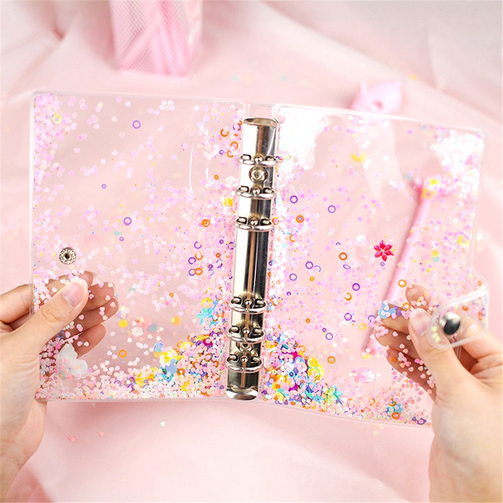 A5/A6 Glitter Sequins Notebook Cover Transparent 6 Rings Loose Leaf File Folder Journal Planner Ring Binder Kawaii Stationery