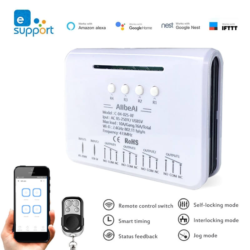 EWeLink-Control remoto inteligente con Wifi, módulo de interruptor de 1 canal, 4 canales, cc 12V 24V 32V 110V 220V, RF433 con autobloqueo, recibe relé de 4 vías