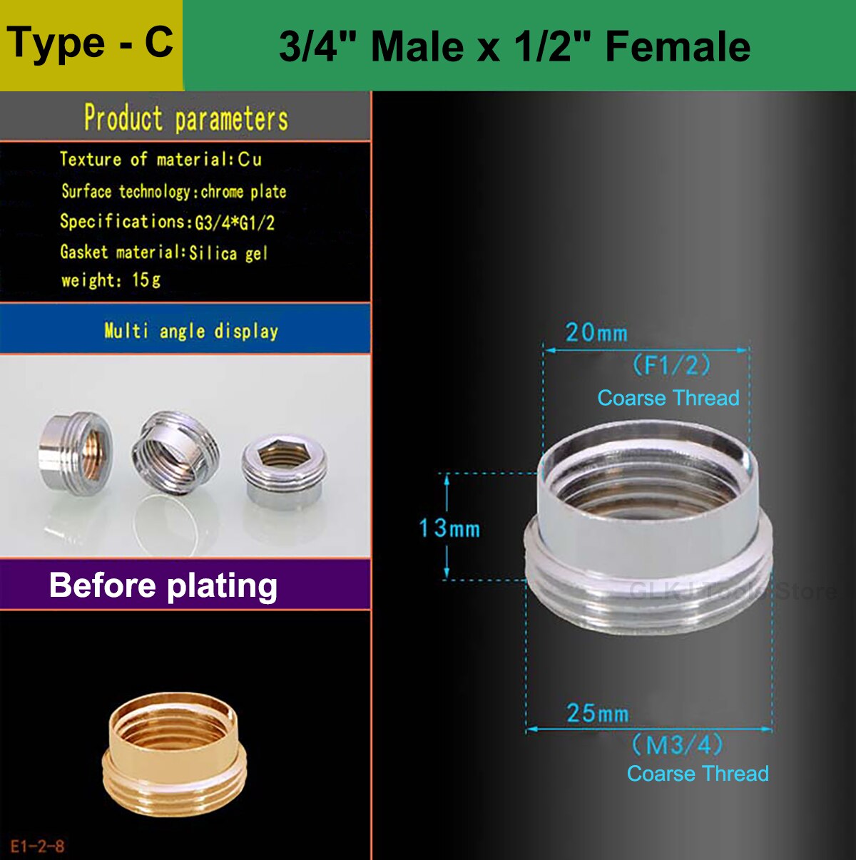 1/2" 3/4" Male Female Thread Nickel Plated Brass Faucet Tap Adapters Kitchen Bathroom Brass Water Tape Joint: Type - C