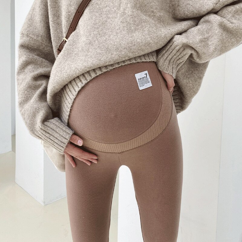 Velvet Maternity Leggings Pants for Pregnant Women Warm Winter Maternity Clothes Thickening Pregnancy Trousers Clothing: Khaki / XL
