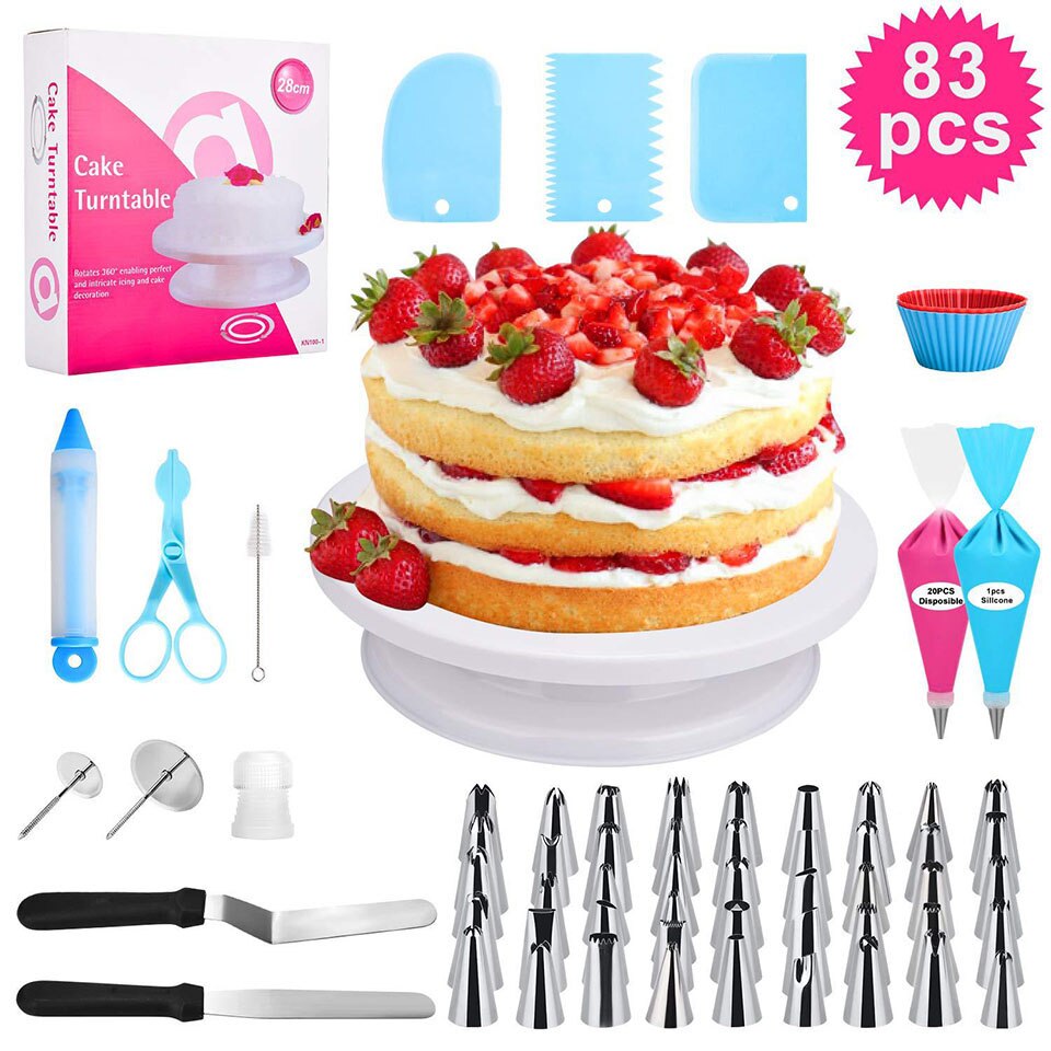 83Pcs Cake Bakken Accessoires Cake Turntable Stand Cake Tips Icing Soepeler Spatel Piping Pastry Tassen Decorating Pen