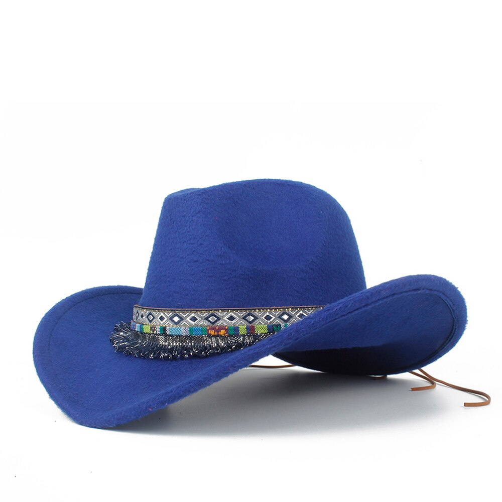 Kvinder uld hul western cowboyhat roll-up skygge dame outblack sombrero hombre jazz kasket størrelse 56-58: Blå