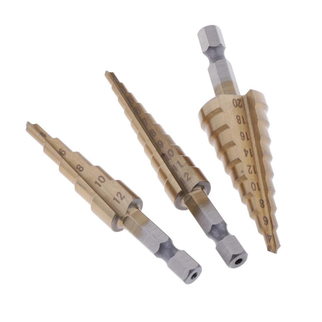 3pc Step Drill Bit HSS Titanium Coated Step Cone Hole Cutter 3-12/4-20/12mm
