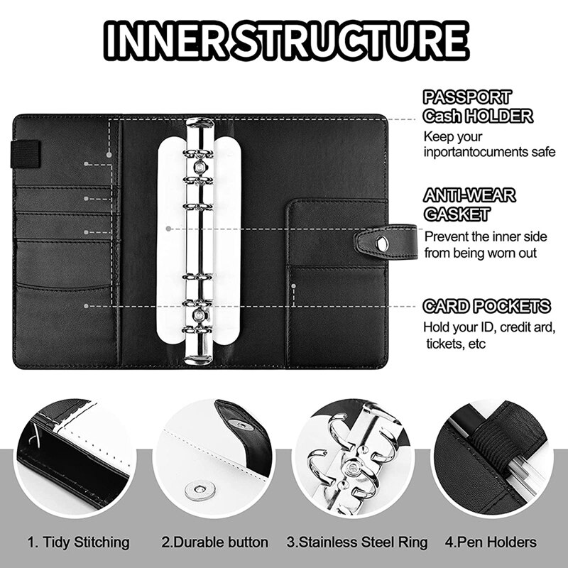 6 Holes Loose-Leaf Notebook, A6 Binder Budget Notebook Ring Binder Binder for Schools, Offices, Travel and Families