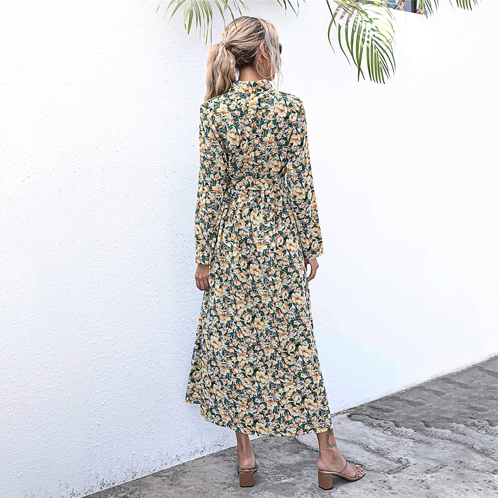 Button up skjortekjole efterår forår afslappet blomsterprint med lange ærmer dametøj efterår røde lange kjoler til kvinder