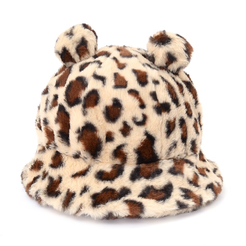 Vinter leopard bjørn øre spand hat kvinder tyk varm imiteret pels fiskekasketter bob piger plys blød panama vinter hat: Beige leopard øre