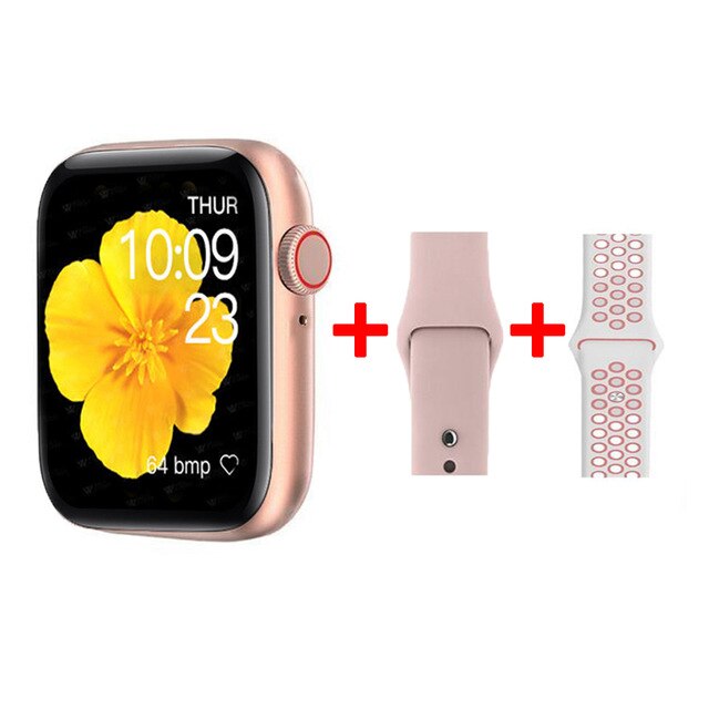 T55 + Smart Uhr Mann 44mm Full Touch Siri Zifferblatt Aufruf Sport Frauen Smartwatch Vögel Fliegen Spiele Blutdruck für Android IOS: SET 12 pink