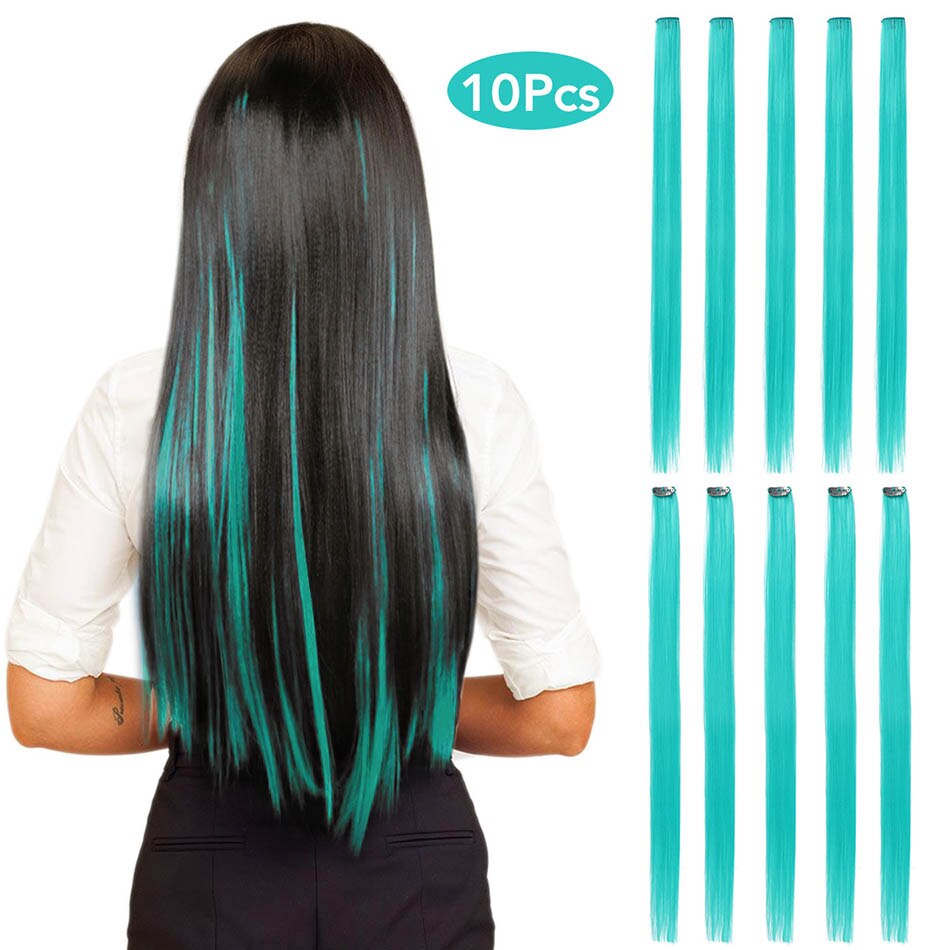 MEEPO Synthetic Hair Extensions 24 Inches Long Straight Hair 10Pieces/Set Colored Highlight Clip-In One Piece Pure Color