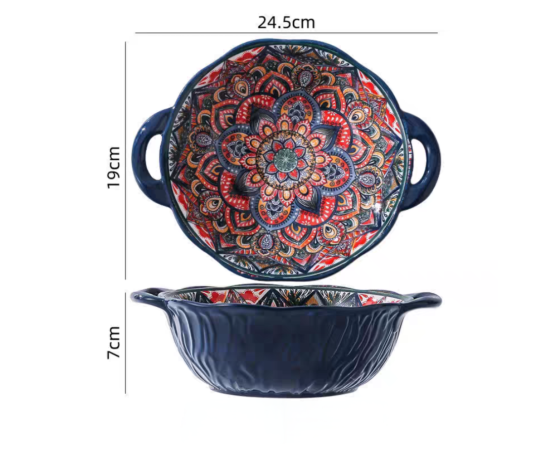 Tigela de sopa de cerâmica estilo boêmio com alça, design seguro para micro-ondas em relevo, ótimo para servir sopa, saladas, macarrão ramen: Azul profundo