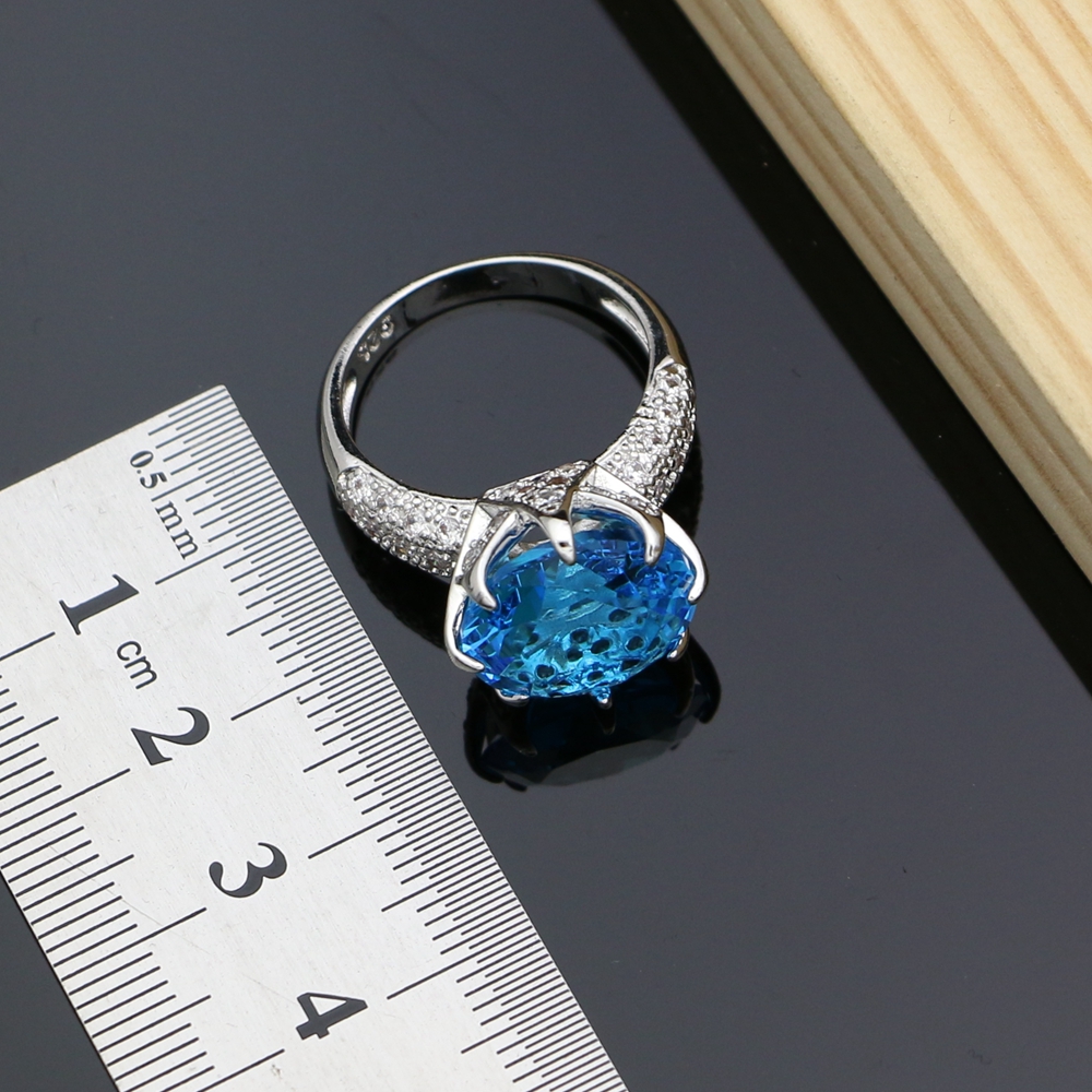 Blau Kristall Schmuck setzt Für Frauen 925 Silber Kostüm Schmuck Bausätze Ohrringe/Anhänger/Ringe/Armbinde/Halskette einstellen