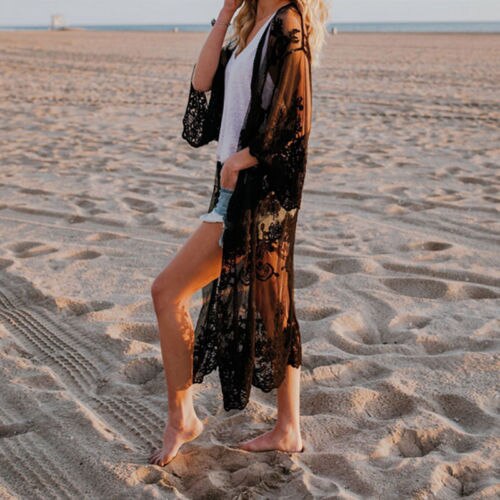 Vrouwen Beach Cover Up Beach Dress Chiffon Kant Kimono Cover Up Boho Casual Lange Mouw Vest Monokini Baden Kanten Jurk