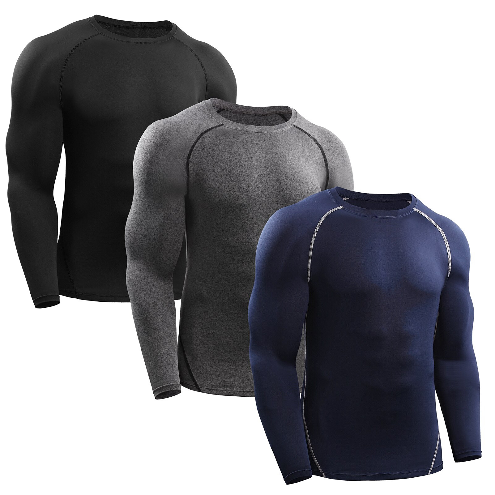 3PCS Men Compression Shirts Elastic Quick Dry Base Layer O-Neck Long Sleeve Sport T-Shirt Tops Workout Fitness sportshirt XXXL