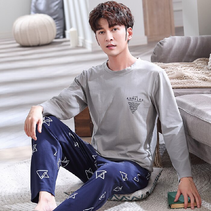 Pijama man klassisk åndbar soveskjorte i koreansk stil hjemmetøj langærmet bomuld rundhalset pjs: Xl