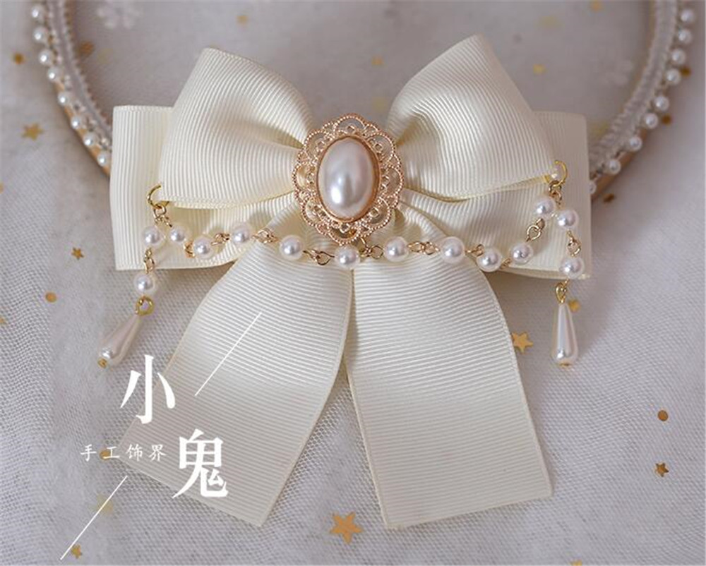 Lolita-épingle à cheveux en chaîne en perles pour femmes, accessoires pour cheveux, Cosplay, avec nœud papillon, Kawaii, accessoires pour cheveux, pince latérale B500: beige