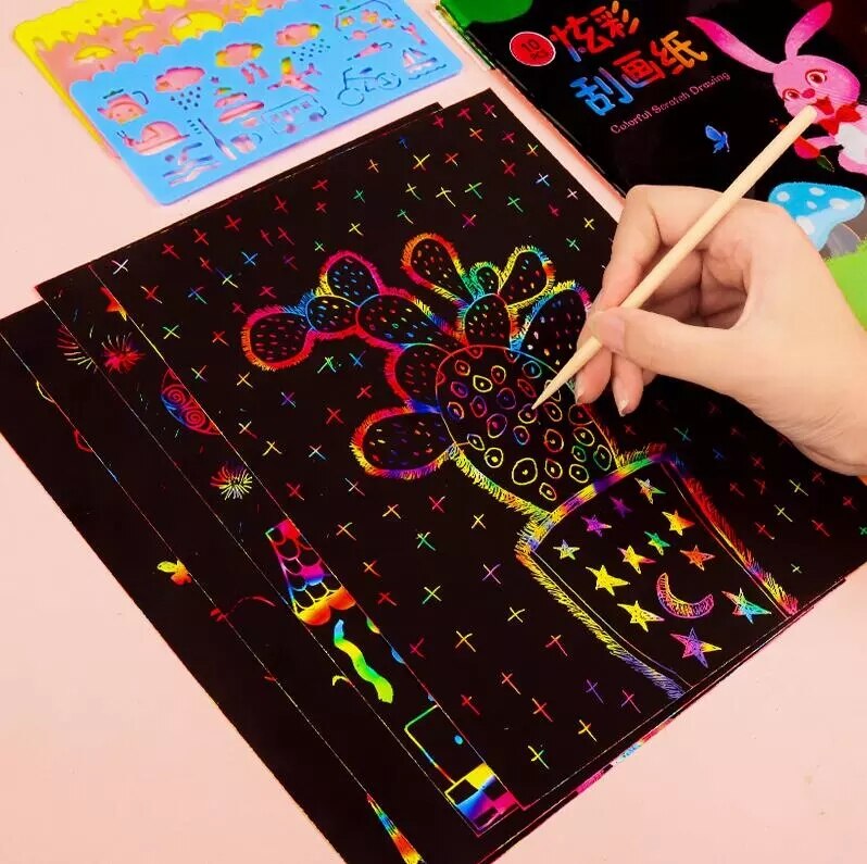 Magic Kleur Rainbow Scratch Art Paper Card Set Speelgoed Met Graffiti Stencil Voor Tekening Stok Diy Art Schilderen Kit Speelgoed kids