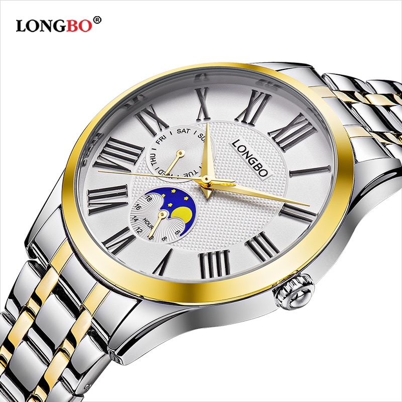 Longbo Quarzuhr Liebhaber Uhren Frauen Männer Paar Analog Voller Edelstahl Geschäft Armbanduhren lässig Gold 1/stücke