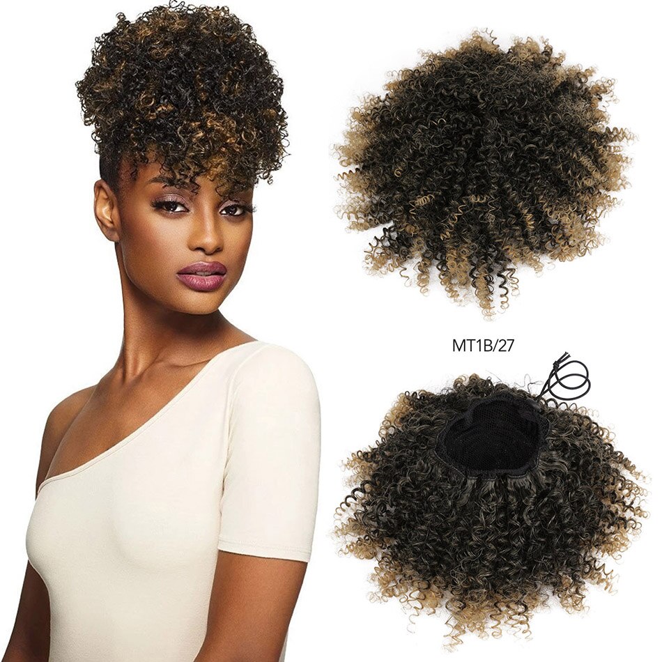 Synthetic Afro Puff Drawstring Bun Ponytail for Women Short Curly Chignon Hair Bun Extension Hairpiece with Two Clips 1B/27#: Default Title