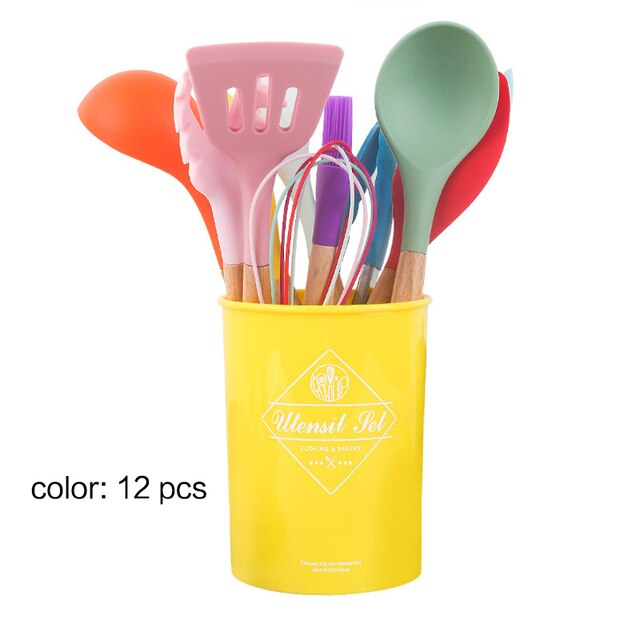 11pcs non-stick spatula kitchen utensils cooking set Multi-color storage barrels wooden handle silicone kitchen utensils: set 8