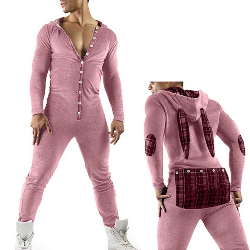 Men Solid Splicing Jumpsuit Men One-piece Garment Pajama Playsuit Fleece Button Hoodie Male Onesie Jumpsuits Overalls Hombre2021