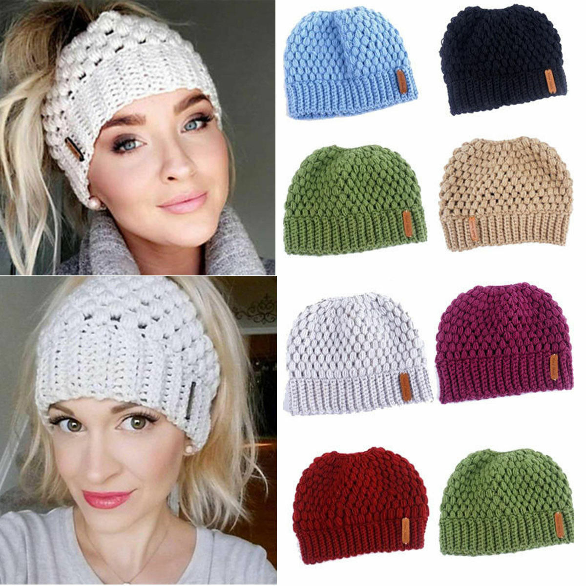 Winter gebreide mutsen winter dames muts dames meisjes stretch gebreide muts met label rommelige knot paardenstaart muts met gaten warme mutsen mutsen