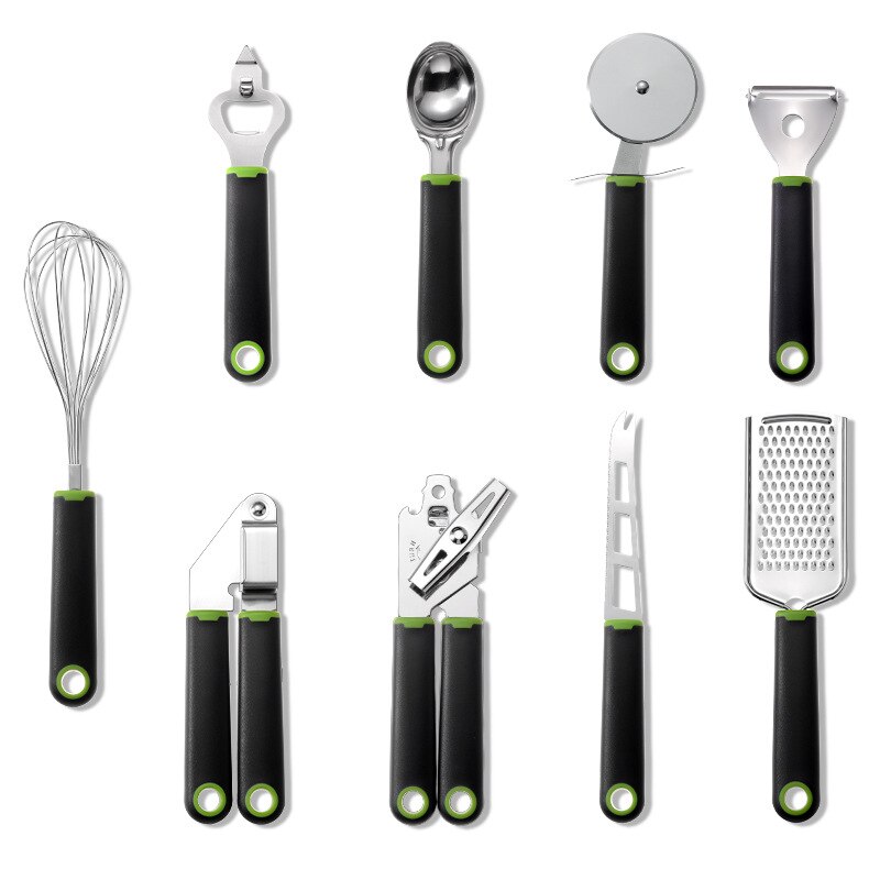 Plastic Handle Stainless Steel Kitchen Gadget Set Home Kitchenware 9-piece Set Of Set Egg Beater: Black and green