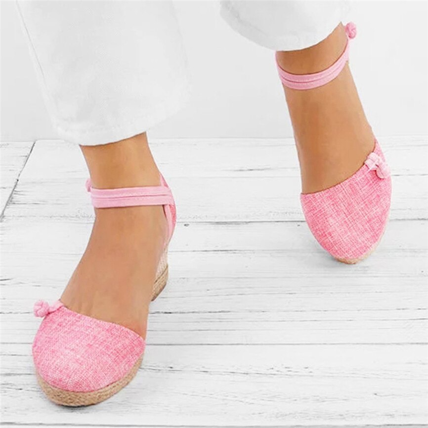 Straw Hemp Rope Sandals Women Ladies Retro Linen Canvas Wedge Round Toe Casual Sandals Singles Shoes Closed Toe Sandal: Pink / 34
