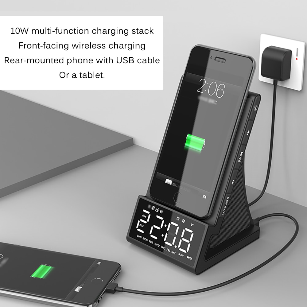 FM Radio Bluetooth haut-parleur USB chargeur rapide avec socle de charge sans fil LED réveil charge rapide pour Iphone Samsung