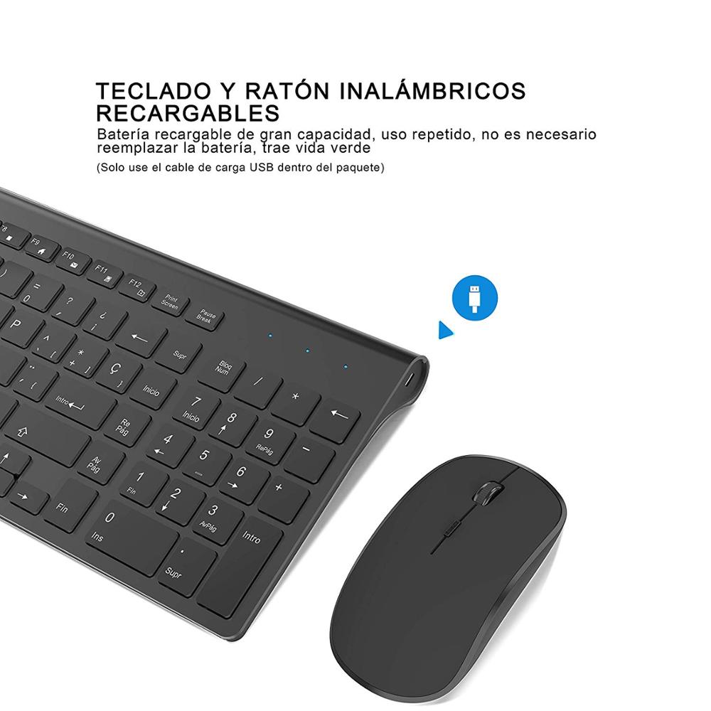 Spanish Wireless Keyboard and Mouse Combo, 2.4G Full Size Thin Rechargeable,Wireless Keyboard Mouse Ergonomic and Compact