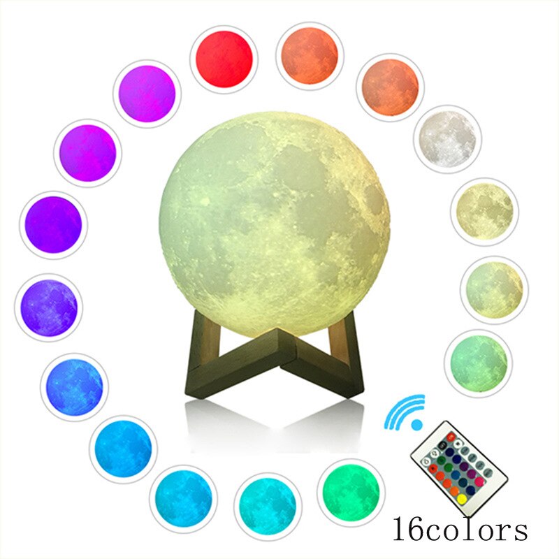 Genopladelig månelampe 16 farver berøring + fjernbetjening 3d lys berøringsafbryder 3d udskriv lampe månesoveværelse reol natlys