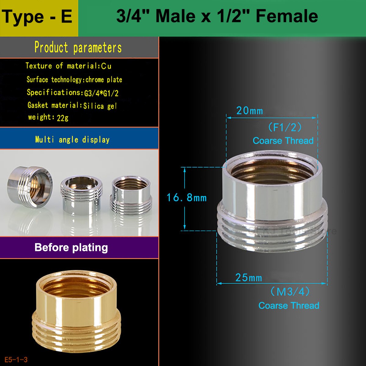 1/2" 3/4" Male Female Thread Nickel Plated Brass Faucet Tap Adapters Kitchen Bathroom Brass Water Tape Joint: Type - E