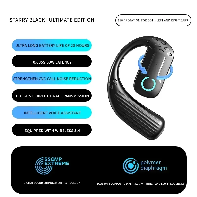 Bluetooth 5.4 Open Wireless Earphone 180° Rotation Adjustable Left Right Ear Universal Headset With Mic For Sport Business Music: black