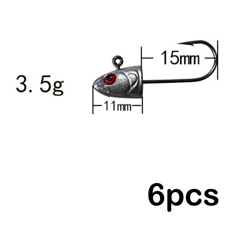 Señuelo de cabeza suave de plomo, aparejo de pesca de lubina, tipo pez 3D, Ojo de 3,5g 5g 7g 10g, cebo de gusano blando de silicona con púas, herramienta de gancho, 6 uds.: 3.5g