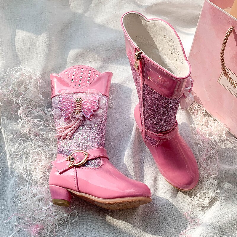 ULKNN bottes en cuir pour filles enfants talons hauts mignon Bow rose princesse chaussures 4-16 ans étudiants décontracté bout rond