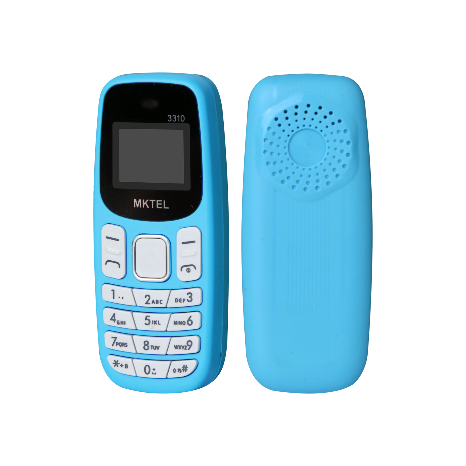 Mktel 3310 mini funktionstelefon med ørekrog, dobbelt sim-kort, dobbelt standby,  mp3/mp4/ fm-radio/bluetooth/gprs: Blå