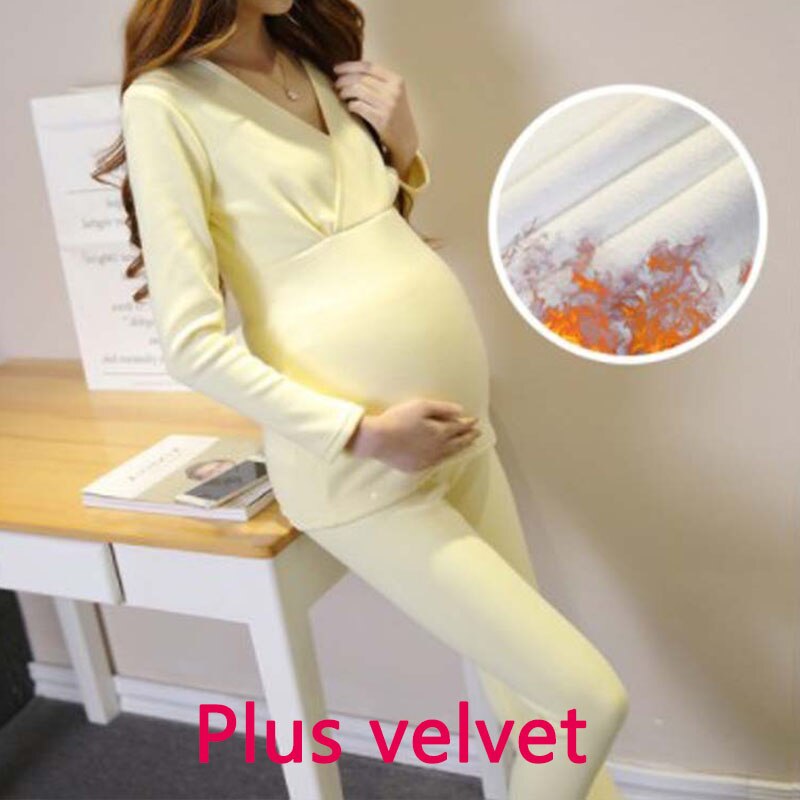 Pijamas de maternidad de traje de lactancia ropa de dormir Otoño Invierno ropa de embarazo gruesa mantener la ropa interior cálida ropa de dormir más terciopelo: Yellow(Plus velvet) / XXL