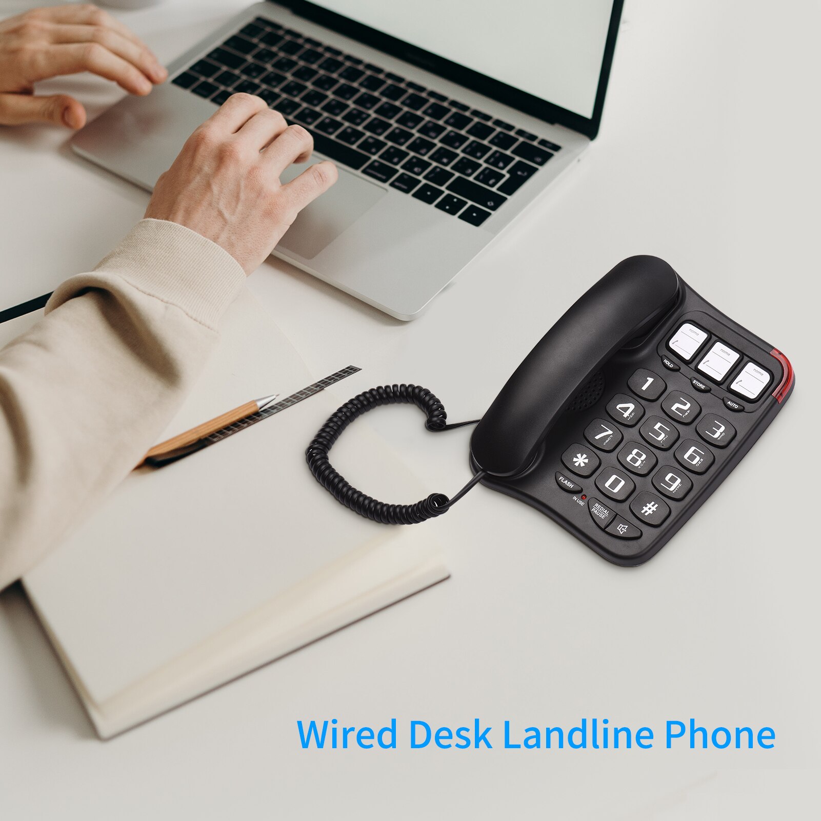 Black Corded Phone with Big Button Desk Landline Phone Wall Mountable Telephone Hands-Free/Redial/Flash/Speed Dial/ for Office
