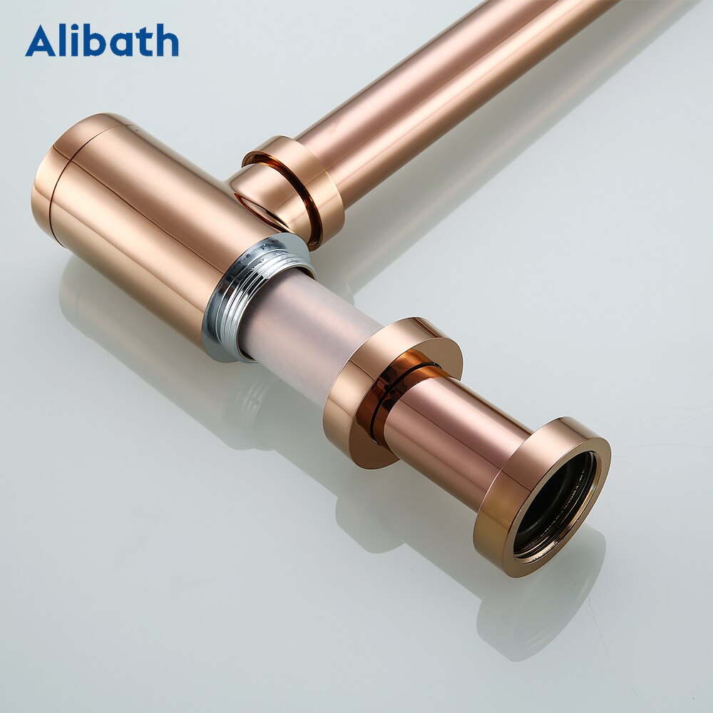 Rose Gold Fles Val Ronde Sifon Massief Messing P-TRAP Badkamer Ijdelheid Wastafel Pipe Afval Messing Pop Up Afvoer Met Over flow.