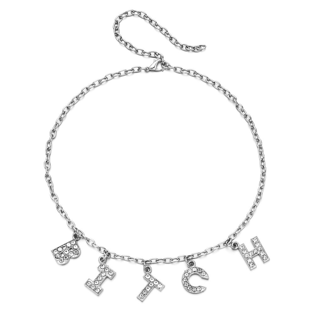 Collier en forme d'ange argenté pour femmes, pendentif Alphabet, jeu amusant, breloque de fête, chaîne de clavicule, accessoires bijoux, tendance: BITCH