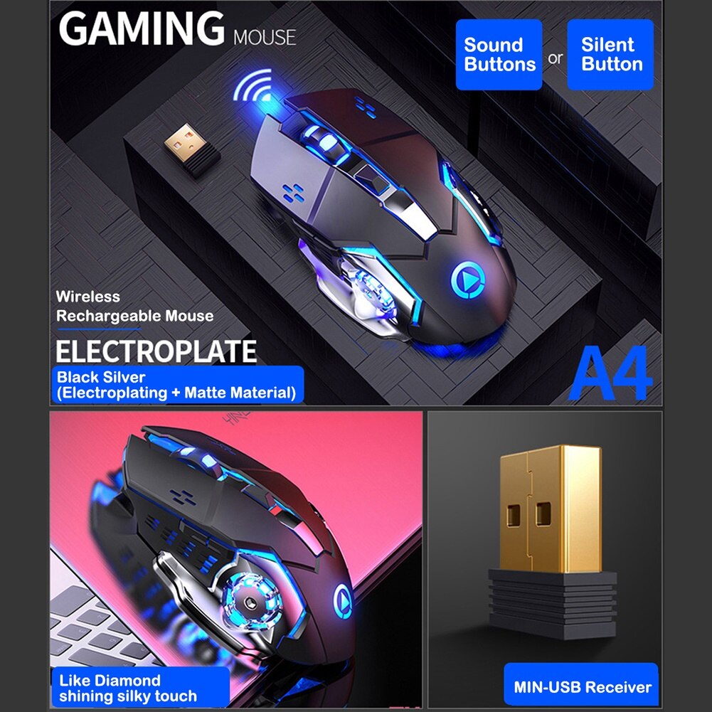 Wireless Gaming Mouse 1600 DPI Rechargeable Adjustable muti-Color Backlight Breathing Gamer Mouse Game Mice for PC Laptop