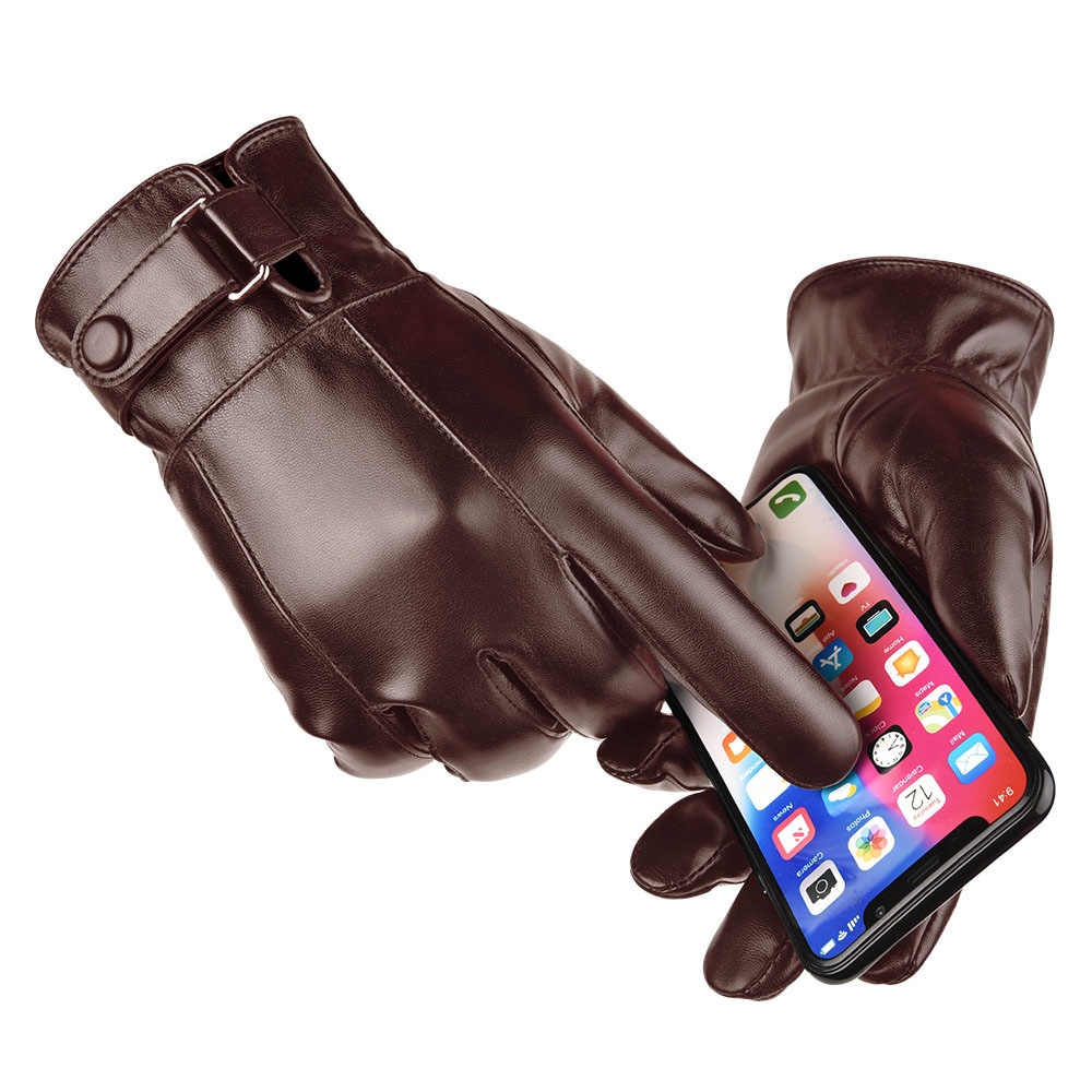 Männer Winter Warme Wasserdichte Handschuhe Männer Faux Leder Fahren Handschuhe Dünne Leder Handschuhe für berühren Bildschirm Braun Guantes