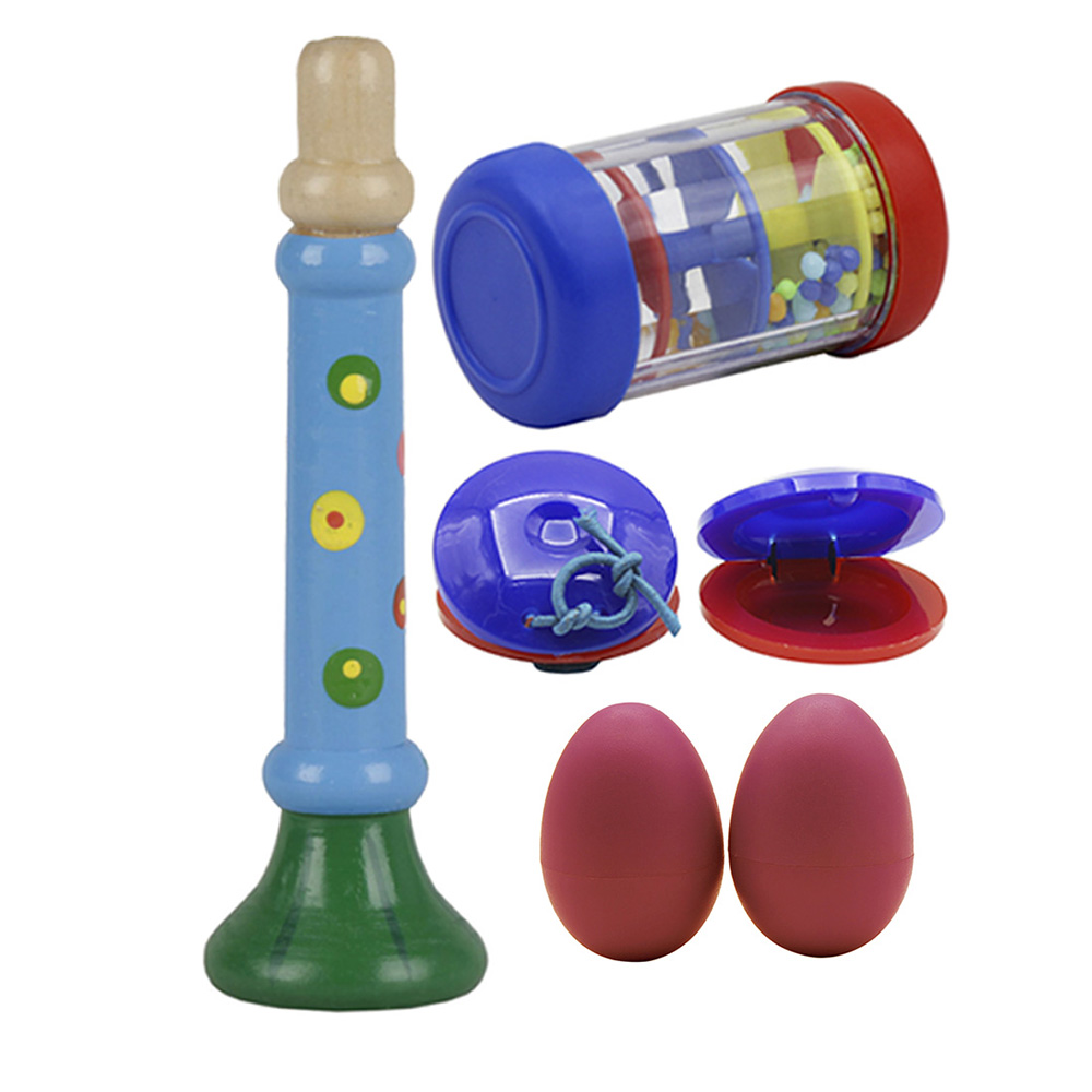 Musical Toys Percussion Instruments Band Rhythm Kit Including Wooden Horn + Rain Stick + Egg Shape Maracas + Castanets