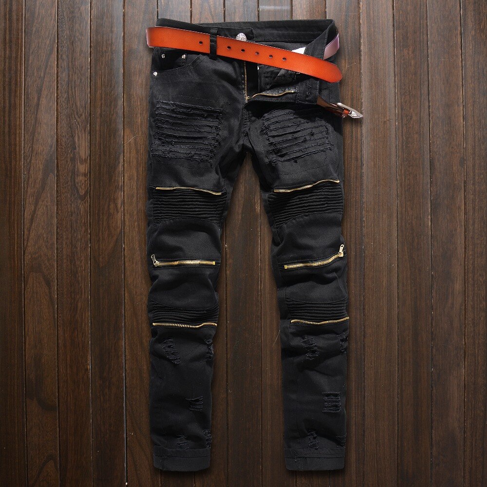 Skinny Jeans Mannen White Ripped Knie Rits Mode Casual Slim Fit Biker Jeans Hip Hop Vernietigen Stretch Denim Broek Motorfiets