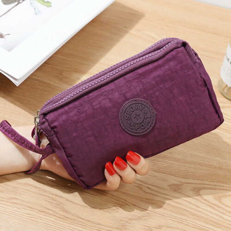 Women Solid 3 Layer Canvas Coin Purse Card Zipper Wallet Holder Phone Bag