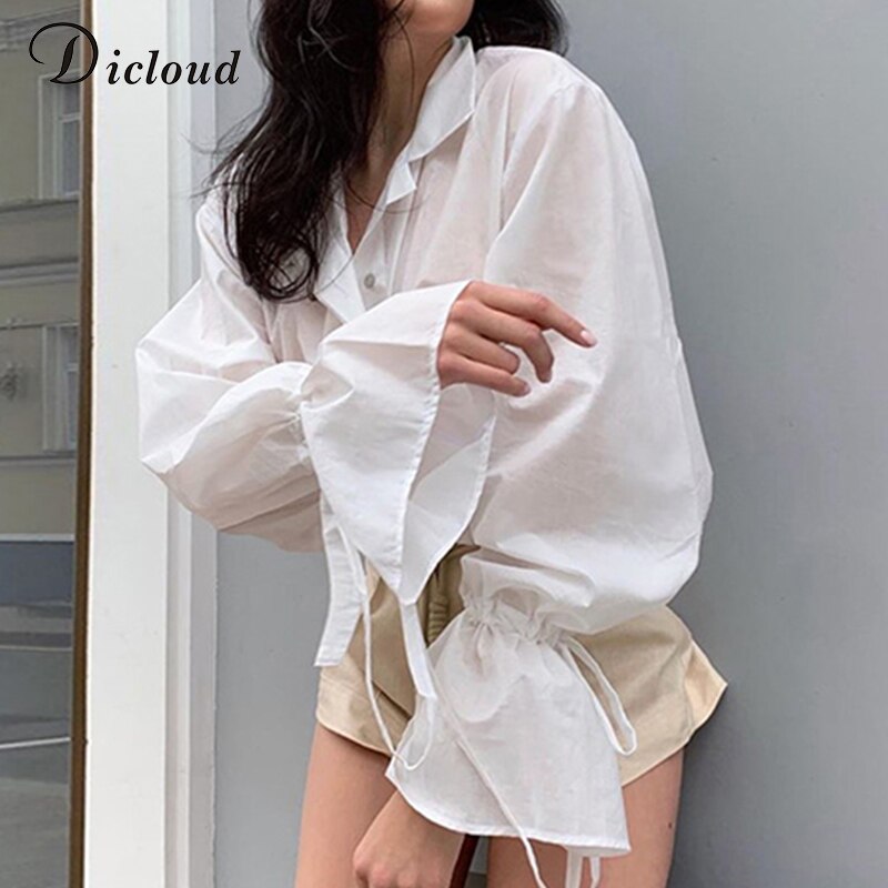 Dicloud oversize hvid skjorte kvinder sommer efterår med hak lange ærmer snøre manchet dame bluse afslappet solidt tøj