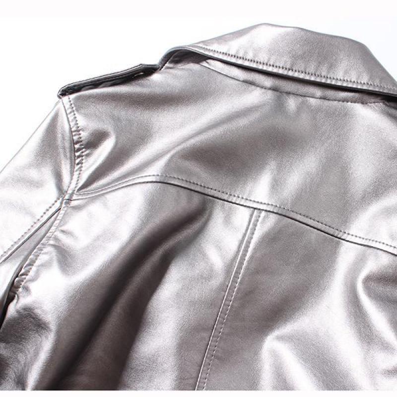 Womens Short Parka Coat Leather Biker Silver Motorcycle Zipper Jackets Outerwear