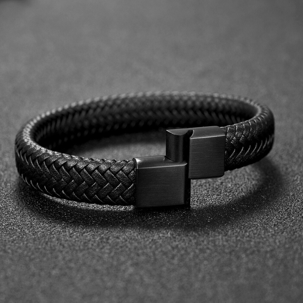 Jiayiqi-Armband En Cuir Tressé Pour Hommes, Bijoux Punk, Noir/Marron, fermoir Magnétique En Acier Inoxydable, La Mode, Cade