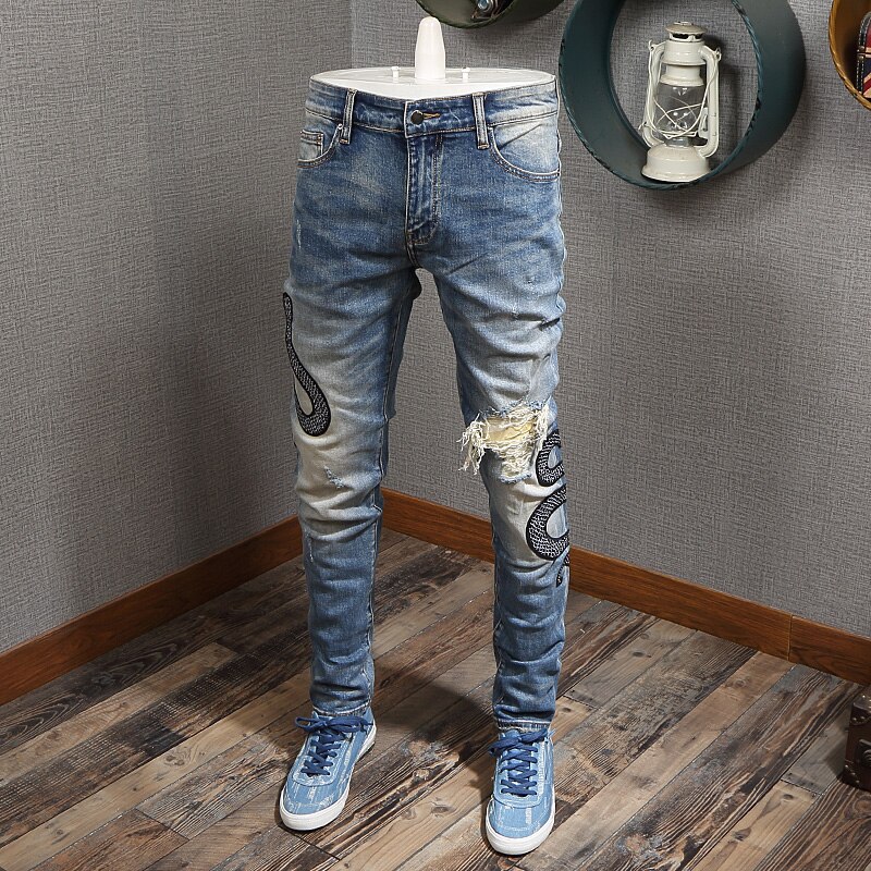 Streetwear Men Jeans Slim Fit Snake Embroidery Ripped Jeans Men Destroyed Punk Pants Hip Hop Jeans