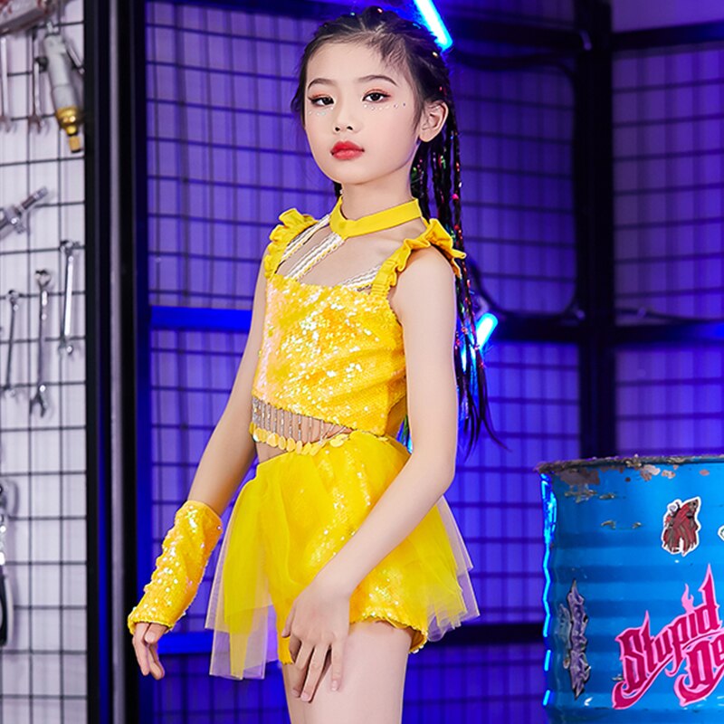 Taniec biodro chmiel kostiumy dziewczyny żółty cekiny cheerleaderek wydajność zestaw taniec uliczny ubrania dzieci jazz etap nosić DNV13414